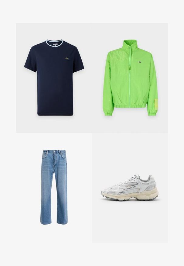 Grøn vindjakke med høj krave, lynlåslukning foran, elastiske manchetter og nederste kant. Har et lille logo og en labeldetalje på ærmet.; Marineblåt T-shirt i bomuld, med en lys blå ribbet halsudskæring. Har et lille grønt krokodille-logo på brystet. Kortærmet design.; Lyseblå denim jeans med lige ben-design, fem lommer, knaplukning, minimal falming og kontraststingdetaljer.; Hvide sportssko med grå detaljer, overdel i mesh og syntetiske materialer, snørebåndsdesign og tekstureret gummisål med grebemønstre.