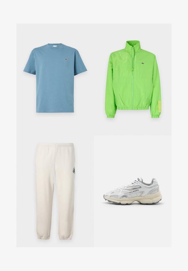 Grüne Windjacke mit hohem Kragen, Reißverschluss vorne, elastischen Bündchen und Saum. Verfügt über ein kleines Logo und ein Etikett-Detail am Ärmel.; Helles blaues Baumwoll-T-Shirt mit Rundhalsausschnitt, kurzen Ärmeln und kleinem gesticktem Logo auf der Brust. Flache Textur, lässiges Design.; Helle beige Sweatpants aus Baumwolle mit einem elastischen Bund, gerippten Bündchen und einem grünen Logo mit Blattdesign am linken Bein.; Weiße Sportschuhe mit grauen Akzenten, Obermaterial aus Mesh und Synthetik, Schnürdesign und rutschfester Gummisohle mit Strukturmustern.
