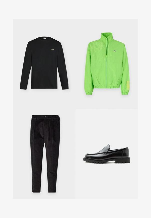 Grüne Windjacke mit hohem Kragen, Reißverschluss vorne, elastischen Bündchen und Saum. Verfügt über ein kleines Logo und ein Etikett-Detail am Ärmel.; Schwarzes Langarmshirt mit Rundhalsausschnitt und kleinem grünen Krokodil-Logo auf der linken Brust, vor einem einfarbigen hellen Hintergrund dargestellt.; Schwarze Cordhosen mit strukturierter Oberfläche, mit geradem Bein, gefälteltem Vorderteil und elastischem Bund für hohen Tragekomfort.; Schwarzer Lederloafer mit grober Gummisohle, genähter Oberseite und geprägtem Markennamen an der Ferse, seitlich auf weißem Hintergrund gezeigt.