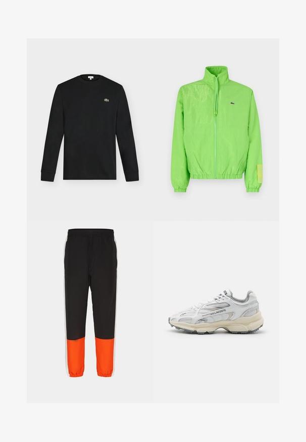 Grüne Windjacke mit hohem Kragen, Reißverschluss vorne, elastischen Bündchen und Saum. Verfügt über ein kleines Logo und ein Etikett-Detail am Ärmel.; Schwarzes Langarmshirt mit Rundhalsausschnitt und kleinem grünen Krokodil-Logo auf der linken Brust, vor einem einfarbigen hellen Hintergrund dargestellt.; Schwarze Sporthosen mit einem breiten orangen unteren Bereich und weißen Seitenstreifen. Elastischer Bund und Knöchelabschlüsse für eine verstellbare Passform.; Weiße Sportschuhe mit grauen Akzenten, Obermaterial aus Mesh und Synthetik, Schnürdesign und rutschfester Gummisohle mit Strukturmustern.