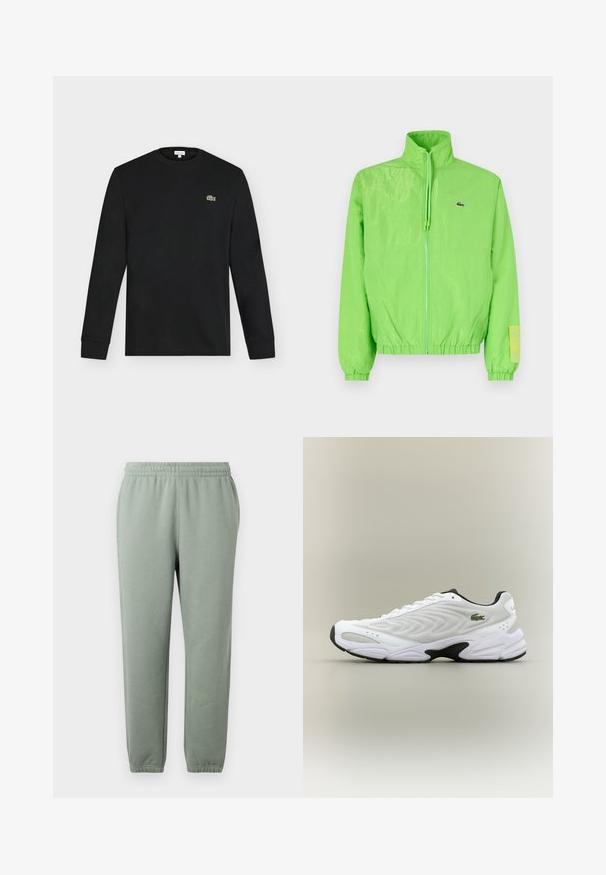 Grüne Windjacke mit hohem Kragen, Reißverschluss vorne, elastischen Bündchen und Saum. Verfügt über ein kleines Logo und ein Etikett-Detail am Ärmel.; Schwarzes Langarmshirt mit Rundhalsausschnitt und kleinem grünen Krokodil-Logo auf der linken Brust, vor einem einfarbigen hellen Hintergrund dargestellt.; Hellgrüne Sweatpants mit elastischem Bund, schmal zulaufenden Beinen und umgenähten Knöcheln. Hergestellt aus weichem, leichtem Stoff.; Weißer Sportschuh mit strukturiertem Mesh-Obermaterial, geschwungenem Design und kontrastierender schwarzer Laufsohle. Mit grünem gesticktem Logo an der Seite.