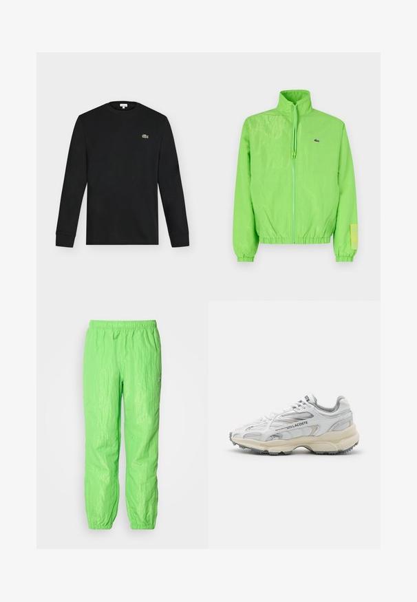 Grüne Windjacke mit hohem Kragen, Reißverschluss vorne, elastischen Bündchen und Saum. Verfügt über ein kleines Logo und ein Etikett-Detail am Ärmel.; Schwarzes Langarmshirt mit Rundhalsausschnitt und kleinem grünen Krokodil-Logo auf der linken Brust, vor einem einfarbigen hellen Hintergrund dargestellt.; Neon-grüne, leichte Hose mit elastischem Bund, die eine leicht knitterige Textur und geraffte Bündchen an den Knöcheln aufweist.; Weiße Sportschuhe mit grauen Akzenten, Obermaterial aus Mesh und Synthetik, Schnürdesign und rutschfester Gummisohle mit Strukturmustern.