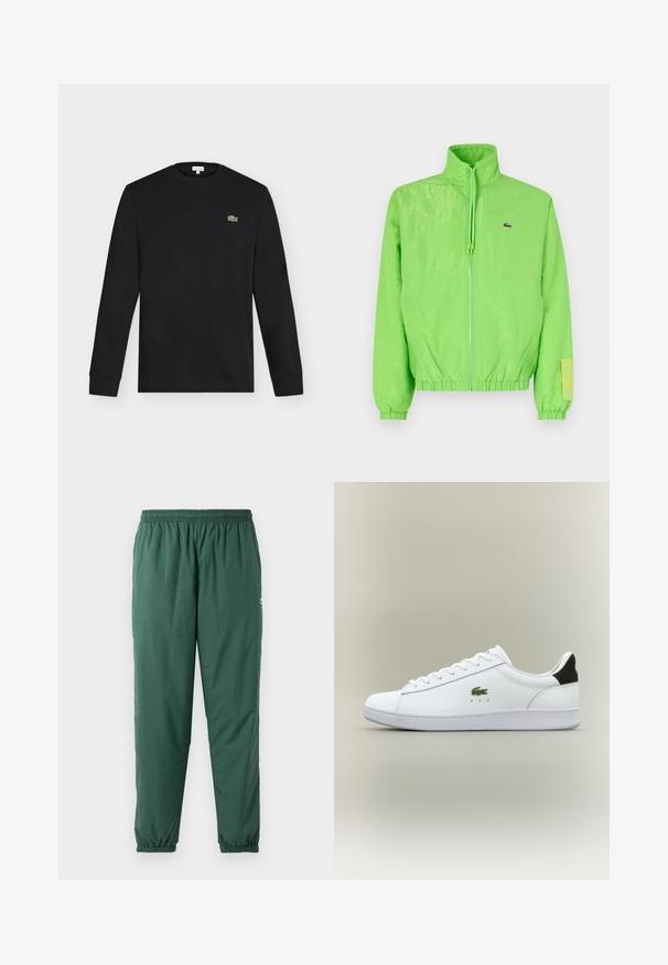 Grøn vindjakke med høj krave, lynlåslukning foran, elastiske manchetter og nederste kant. Har et lille logo og en labeldetalje på ærmet.; Sort langærmet crew neck skjorte med lille grønt krokodillelogo på venstre bryst, vist mod en ensartet lys baggrund.; Grønne, lette, elastiske bukser med en rynket talje og manchetter, lavet af et glat, vandafvisende materiale.; Hvide lædersneakers med en glat overflade, prydet med et grønt, broderet krokodillologo, flad hvid sål og sort hælaccent.