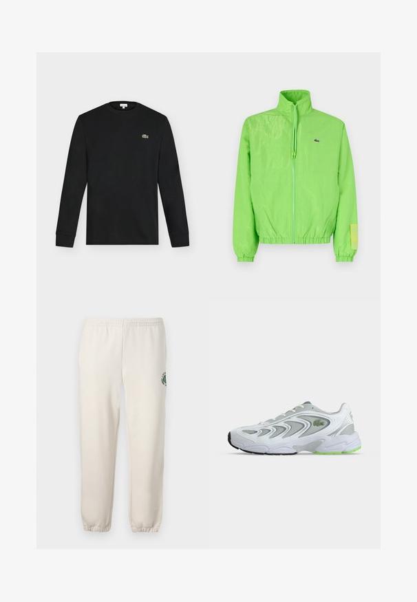 Veste coupe-vent verte avec un col montant, fermeture éclair à l'avant, poignets élastiques et ourlet. Présente un petit logo et un accent en étiquette sur la manche.; T-shirt noir manches longues à col rond avec un petit logo crocodile vert sur la poitrine gauche, présenté sur un fond clair uni.; Pantalon de jogging beige clair en coton, doté d'une taille élastique, de poignets en côtes et d'un logo vert avec un design de feuille sur la jambe gauche.; Baskets de sport blanches et grises avec des touches vertes et un logo, panneaux en mesh et une semelle épaisse et rembourrée, vues de côté sur un fond uni.