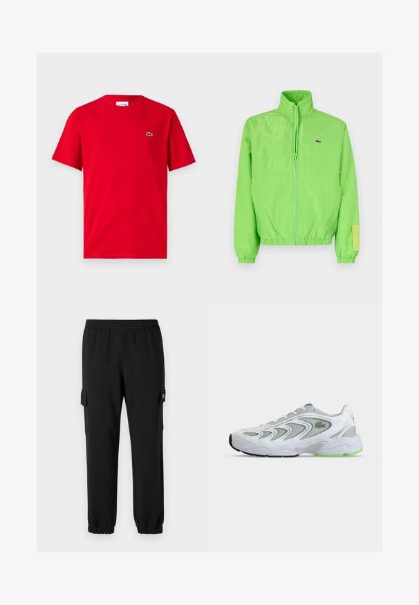 Grüne Windjacke mit hohem Kragen, Reißverschluss vorne, elastischen Bündchen und Saum. Verfügt über ein kleines Logo und ein Etikett-Detail am Ärmel.; Rotes Baumwoll-T-Shirt mit kurzen Ärmeln, Rundhalsausschnitt und kleinem grünen Krokodil-Logo auf der linken Brust. Glatte Textur, lässige Passform.; Schwarze Sweatpants mit einem elastischen Bund, schmal zulaufenden Bündchen und seitlichen Cargo-Taschen. Hergestellt aus weichem Material mit einer glatten Textur.; Weißer und grauer Sportschuh mit grünen Akzenten und Logo, Mesh-Einsätzen und einer dicken, gepolsterten Sohle, seitlich auf einfachem Hintergrund dargestellt.