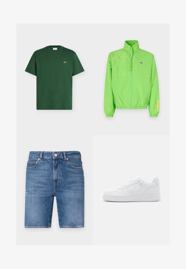 Chaqueta cortavientos verde con cuello alto, cierre frontal de cremallera, puños elásticos y dobladillo. Presenta un pequeño logo y un acento de etiqueta en la manga.; Camiseta de algodón de manga corta en verde oscuro con cuello redondo y pequeño logo del cocodrilo de Lacoste en el pecho izquierdo.; Shorts de mezclilla en un lavado azul medio con un corte recto, diseño de cinco bolsillos y cierre con botón en la parte superior. Presentan costuras en contraste.; Zapatilla de cuero blanco con caja de punta perforada, cordones planos y cuello acolchado. Presenta un logotipo grabado en el lateral y suela de goma texturizada.