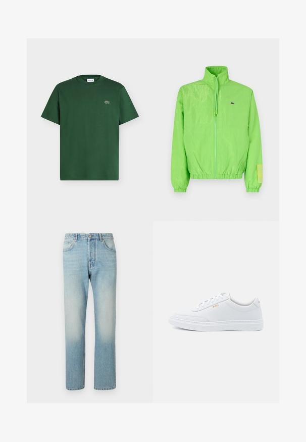 Grüne Windjacke mit hohem Kragen, Reißverschluss vorne, elastischen Bündchen und Saum. Verfügt über ein kleines Logo und ein Etikett-Detail am Ärmel.; Dunkelgrünes Baumwoll-T-Shirt mit kurzen Ärmeln, Rundhalsausschnitt und kleinem Lacoste Krokodil-Logo auf der linken Brust.; Helle blaue Jeans aus Denim mit geradem Bein, fünf Taschen und einem ausgewaschenen Effekt an den Oberschenkeln.; Weiße Leder-Sneaker mit glatter Textur, runder Zehenpartie und tonal abgestepptem Design. Mit blauen Schnürsenkeln und einem goldenen Logo an der Seite.