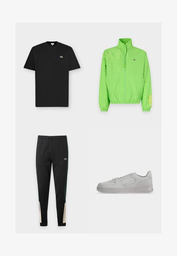 Groene windbreakers met een hoge kraag, ritssluiting aan de voorkant, elastische manchetten en zoom. Bevat een klein logo en een labelaccent op de mouw.; Zwarte korte mouw T-shirt met een ronde hals en een klein groen krokodillenlogo op de linkerborst op een lichtgrijze achtergrond.; Zwarte sweatpants met groene zijstrepen en beige accenten bij de boorden. Elastische tailleband en Lacoste-logo aan de voorkant. Glad textuur.; Witte lage Lacoste sneaker met veters, geprint logo aan de zijkant en een gestructureerde zool op een effen achtergrond.