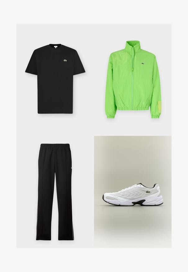 Grüne Windjacke mit hohem Kragen, Reißverschluss vorne, elastischen Bündchen und Saum. Verfügt über ein kleines Logo und ein Etikett-Detail am Ärmel.; Schwarzes kurzärmliges T-Shirt mit Rundhalsausschnitt und kleinem grünem Krokodil-Logo auf der linken Brust auf hellgrauem Hintergrund.; Schwarze, knöchellange Sporthosen mit elastischem Bund und weißen Seitenstreifen, versehen mit einem kleinen grünen Logo auf der oberen Seite.; Weißer Sportschuh mit strukturiertem Mesh-Obermaterial, geschwungenem Design und kontrastierender schwarzer Laufsohle. Mit grünem gesticktem Logo an der Seite.