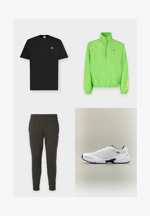 Veste coupe-vent verte avec un col montant, fermeture éclair à l'avant, poignets élastiques et ourlet. Présente un petit logo et un accent en étiquette sur la manche.; T-shirt noir à manches courtes avec col rond et petit logo crocodile vert sur le côté gauche de la poitrine sur fond gris clair.; Jogging en vert foncé en tissu doux, avec une taille élastique, des poignets côtelés et un petit logo sur le côté.; Baskets de sport blanches avec un dessus en mesh texturé, un design courbé et une semelle noire contrastante. Présente un logo brodé vert sur le côté.