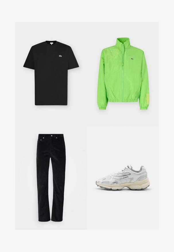 Grüne Windjacke mit hohem Kragen, Reißverschluss vorne, elastischen Bündchen und Saum. Verfügt über ein kleines Logo und ein Etikett-Detail am Ärmel.; Schwarzes kurzärmliges T-Shirt mit Rundhalsausschnitt und kleinem grünem Krokodil-Logo auf der linken Brust auf hellgrauem Hintergrund.; Schwarze Cordhosen mit geradem Schnitt. Mit einem Knopfverschluss und Fünf-Taschen-Design. Strukturierter, gerippter Stoff.; Weiße Sportschuhe mit grauen Akzenten, Obermaterial aus Mesh und Synthetik, Schnürdesign und rutschfester Gummisohle mit Strukturmustern.