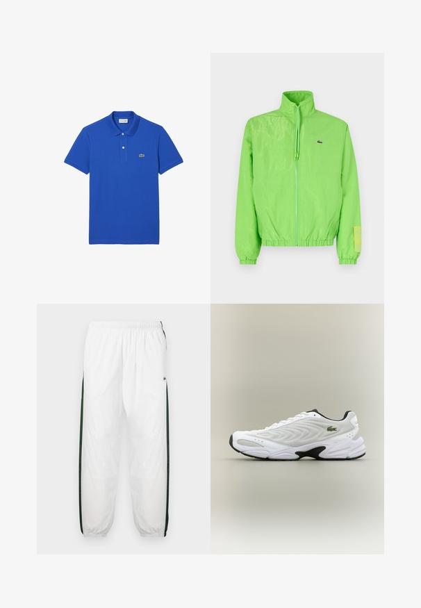 Groene windbreakers met een hoge kraag, ritssluiting aan de voorkant, elastische manchetten en zoom. Bevat een klein logo en een labelaccent op de mouw.; Blauwe poloshirt van katoen, met een klassieke kraag, een placket met twee knopen en een groen krokodillenlogo op de linkerkant van de borst.; Witte trainingsbroek met donkergroene zijpanelen. Lichtgewicht materiaal, elastische tailleband en boordjes aan de onderkant. Heeft een meshstructuur op de zijpanelen.; Witte sportieve schoen met een textuur van gaas bovenwerk, gebogen ontwerp en contrasterende zwarte zool. Heeft een groen geborduurd logo aan de zijkant.