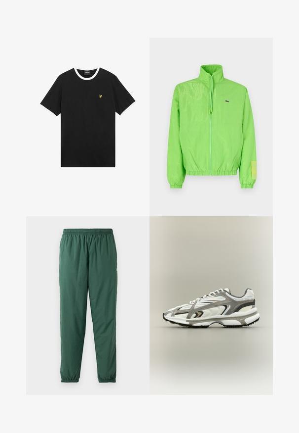 Groene windbreakers met een hoge kraag, ritssluiting aan de voorkant, elastische manchetten en zoom. Bevat een klein logo en een labelaccent op de mouw.; Zwart T-shirt met witte kraag en mouwranden, gemaakt van katoen. Voorzien van een klein geel geborduurd adelaarlogo op de borst.; Groene, lichtgewicht, elastische broek met een geplooide tailleband en boorden, gemaakt van een gladde, waterafstotende stof.; Sportschoen met een witte mesh bovenkant, grijze accenten, zwarte rubberen zool en een gestroomlijnd ontwerp. Bevat veters en textuurdetails.