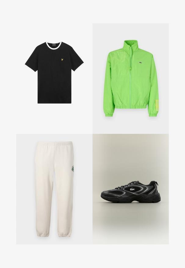 Groene windbreakers met een hoge kraag, ritssluiting aan de voorkant, elastische manchetten en zoom. Bevat een klein logo en een labelaccent op de mouw.; Zwart T-shirt met witte kraag en mouwranden, gemaakt van katoen. Voorzien van een klein geel geborduurd adelaarlogo op de borst.; Lichtbeige sweatpants van katoen, met een elastische tailleband, geribde boorden en een groen logo met een bladerenontwerp op het linkerpand.; Zwarte en grijze sport sneaker met meshpanelen, vetersluiting, dikke zool en een klein krokodillologo aan de zijkant.