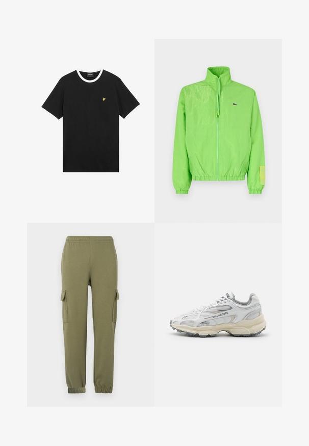 Groene windbreakers met een hoge kraag, ritssluiting aan de voorkant, elastische manchetten en zoom. Bevat een klein logo en een labelaccent op de mouw.; Zwart T-shirt met witte kraag en mouwranden, gemaakt van katoen. Voorzien van een klein geel geborduurd adelaarlogo op de borst.; Cargo broek in olijfgroene lichtgewicht stof, met zijzakken, een elastische tailleband en aansluitende manchetten voor een strakke fit.; Witte sportieve schoenen met grijze accenten, bovenwerk van mesh en synthetisch materiaal, vetersluiting en een geprofileerde rubberen zool met looppatronen.