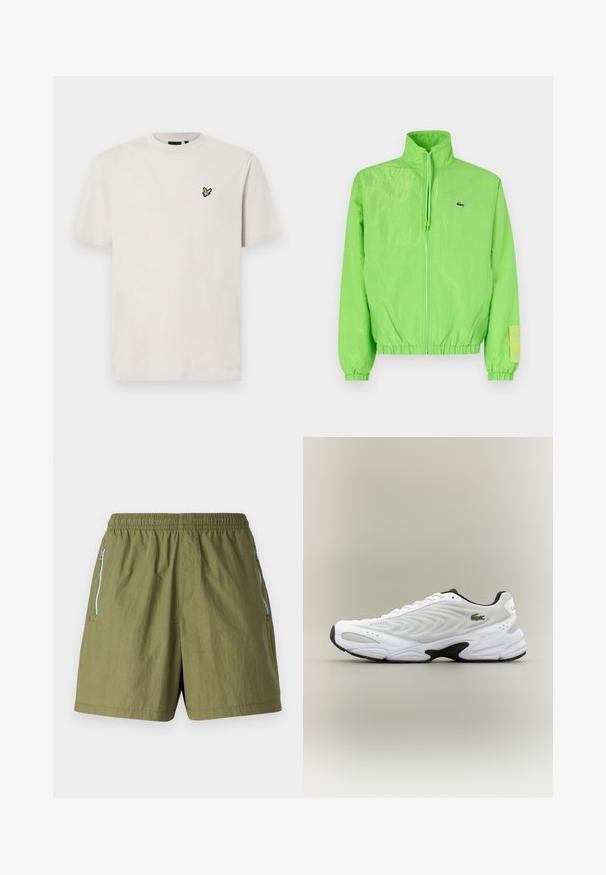 Veste coupe-vent verte avec un col montant, fermeture éclair à l'avant, poignets élastiques et ourlet. Présente un petit logo et un accent en étiquette sur la manche.; T-shirt en coton beige clair à col rond et manches courtes, arborant un petit logo d'oiseau brodé sur la poitrine gauche.; Shorts vert olive avec une taille élastique, poches latérales zippées et un tissu léger et texturé.; Baskets de sport blanches avec un dessus en mesh texturé, un design courbé et une semelle noire contrastante. Présente un logo brodé vert sur le côté.