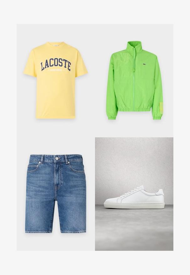 Grøn vindjakke med høj krave, lynlåslukning foran, elastiske manchetter og nederste kant. Har et lille logo og en labeldetalje på ærmet.; Gul bomulds T-shirt med navy blå "LACOSTE" logo og "SPORTSWEAR" tekst nedenfor. Enkel design med rund hals og korte ærmer.; Denim shorts i mellemblå vask med lige snit, fem-lomme design og topknap lukning. Har kontrasterende syninger.; Hvide sneakers med en glat læderoverdel og lav profil. Har en rund tå, seks snørehuller og en tekstureret gummisål.