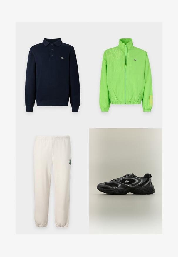 Grüne Windjacke mit hohem Kragen, Reißverschluss vorne, elastischen Bündchen und Saum. Verfügt über ein kleines Logo und ein Etikett-Detail am Ärmel.; Navyblaues Langarm-Polohemd mit Knopfleiste und kleinem grünen Krokodil-Logo auf der Brust.; Helle beige Sweatpants aus Baumwolle mit einem elastischen Bund, gerippten Bündchen und einem grünen Logo mit Blattdesign am linken Bein.; Schwarzer und grauer Sportschuh mit Netzpaneelen, Schnürdesign, dicker Sohle und einem kleinen Krokodil-Logo an der Seite.