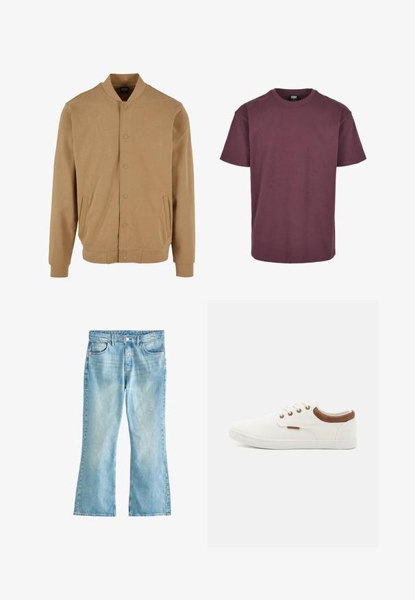 Beige Bomberjacke aus glattem Material, mit runder Kragenform, Druckknopfverschluss und Seitentaschen. Lange Ärmel mit gerippten Bündchen.; Bordeaux rotes T-Shirt mit kurzen Ärmeln aus Baumwolle. Verfügt über einen runden Halsausschnitt, einen geraden Schnitt und keine sichtbaren Muster oder Akzente.; Hellblaue Jeans aus Denim mit hoher Taille, Knopfverschluss, vorderen Taschen und leicht ausgestellten Beinenden.; Weiße Leinensneaker mit einer glatten Textur, braunen Lederakzenten an der Ferse und fünf Metallösen für die Schnürsenkel. Mit einer flachen Gummisohle.