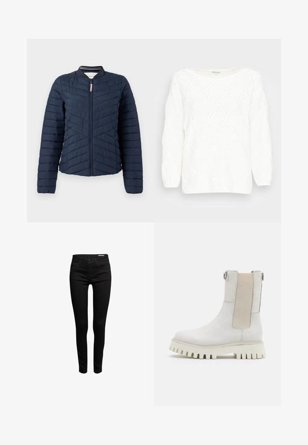 Veste bomber matelassée bleu marine avec un design à coutures verticales, col côtelé et fermeture éclair à l'avant. Texture de tissu lisse avec des poignets élastiques.; TOM TAILOR ARAN - Pullover - whisper white; Esprit SUS MR SKINNY - Jeans Skinny - black rinse; Bronx GROOV-Y - Bottines à plateau - winter white