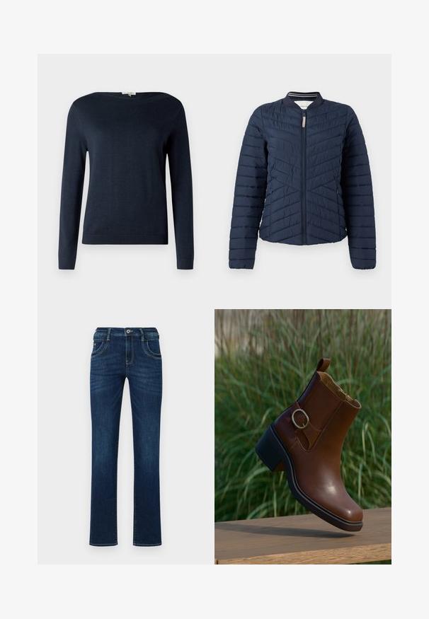 Veste bomber matelassée bleu marine avec un design à coutures verticales, col côtelé et fermeture éclair à l'avant. Texture de tissu lisse avec des poignets élastiques.; Pull en tricot bleu marine à manches longues et col rond, avec des poignets et un ourlet côtelés, présenté sur un fond blanc uni.; Jean en denim bleu foncé avec une coupe droite, design à cinq poches et fermeture à bouton standard. Présente des détails de couture subtils.; Bottine en cuir marron avec un détail boucle et un talon bloc bas reposant sur une surface en bois avec un fond d'herbe verte.