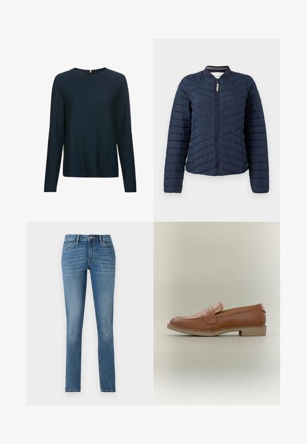 Veste bomber matelassée bleu marine avec un design à coutures verticales, col côtelé et fermeture éclair à l'avant. Texture de tissu lisse avec des poignets élastiques.; Pull à manches longues bleu marine en matière côtelée. Présente un col rond et une coupe droite à l'ourlet. Texture douce.; TOM TAILOR TTLENE SLIM FIT - Jean slim - clean mid stone blue denim; Mocassin en cuir marron avec un petit talon et un détail de bride sur le dessus, présenté de profil sur un fond neutre.