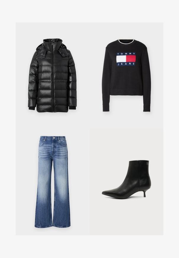 Chaqueta de invierno acolchada negra y brillante con cuello alto, cremallera frontal, capucha desmontable con botones a presión y bolsillos laterales con cremallera.; Suéter negro de cuello redondo con logo Tommy Jeans en blanco y rojo en el frente, puños y dobladillo acanalados, y ribete blanco en el cuello, los puños y el dobladillo.; Vaqueros de pierna ancha color azul claro, hechos de denim, con cintura alta, textura desgastada y parche de la marca en el bolsillo trasero.; Botín de piel negra con puntera puntiaguda y tacón bajo estilo kitten sobre fondo claro, mostrando vista lateral exterior.
