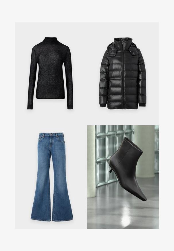 Chaqueta de invierno acolchada negra y brillante con cuello alto, cremallera frontal, capucha desmontable con botones a presión y bolsillos laterales con cremallera.; Top negro de manga larga y cuello alto, hecho de una tela translúcida, adornado con puntos plateados dispersos, que presenta una silueta ajustada.; Jeans de denim acampanados en un lavado azul medio con un diseño clásico de cinco bolsillos, pasadores para cinturón y cierre de botón. Textura suave con un leve desvanecimiento.; Bota de cuero negro para el tobillo con puntera puntiaguda y tacón pequeño, exhibida frente a una pared de bloques de vidrio y un suelo pulido.