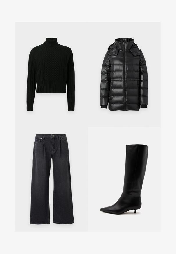 Veste d'hiver noire brillante et rembourrée avec un grand col, fermeture éclair à l'avant, capuche détachable avec boutons-pression et poches latérales zippées.; Pull noir à col roulé avec un design en torsades texturé, coupe raccourcie, poignets et ourlet côtelés, fabriqué en matière tricotée douce.; Jean noir à jambe large en denim, avec une fermeture à bouton sur le devant, deux poches avant et une finition épurée sans embellissements.; Botte noire en cuir jusqu'au genou avec bout pointu et petit talon kitten sur un fond clair uni.