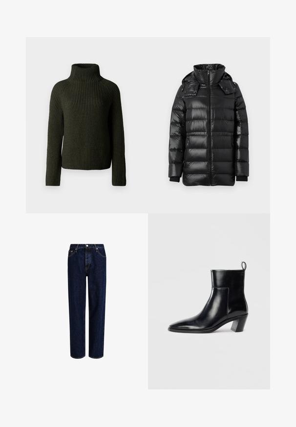 Veste d'hiver noire brillante et rembourrée avec un grand col, fermeture éclair à l'avant, capuche détachable avec boutons-pression et poches latérales zippées.; Pull à col roulé côtelé vert foncé avec des manches longues et une coupe décontractée. Fabriqué en matière tricotée texturée, offrant chaleur et confort.; Jeans en denim bleu foncé avec une coupe droite, dotés d'une taille haute, d'un style à cinq poches et de coutures contrastantes. Sans embellissements.; Bottine en cuir noir avec un bout pointu, un talon empilé géométrique et une languette à l'arrière. Texture lisse et design épuré.