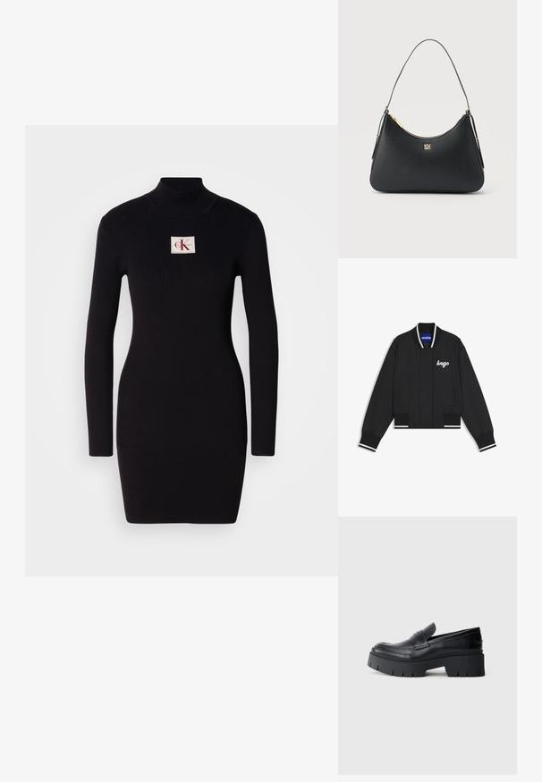 Must bomber-jakk valgete triibuliste soonikkoes varrukakoppade ja kraega, ees taskud ning rinnal valges tikandis "hugo".; Must mustriba pikad varrukad dresses kõrge kraega ja ristküliku kujuga Calvin Kleini logo patchiga esiküljel. Lihtne, keha ligi põrkav disain.; Must jaotusega platvormi loafer, millel on sile nahaülemine, dekoratiivne rihm ja paks tekstureeritud tald valgel taustal.; Mustast nahast käekott kuldse tõmblukuga, õhukese rihmaga ja kuldse "HUGO" logoga, mis asub keskel esiküljel.