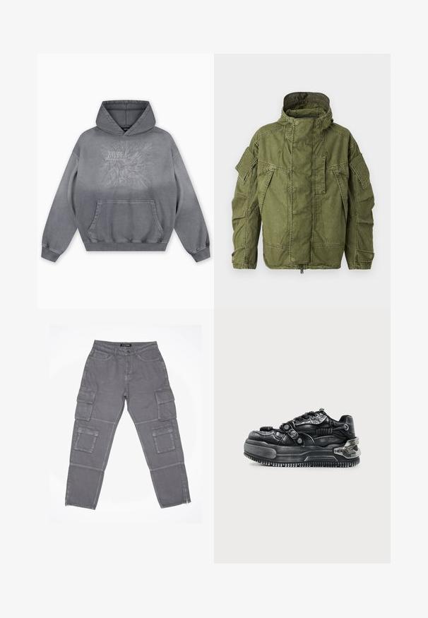 G-STAR Parka - overdye shadow olive gd; Grauer Kapuzenpullover mit einer strukturierten Druckgrafik, die "FAVELA Worldwide" und ein Adlerdesign zeigt, Kängurutasche vorne und gerippte Bündchen.; Graue Cargo-Hosen aus leicht strukturiertem Stoff, mit mehreren Seitentaschen, einem Reißverschluss am Saum und einem Knopfverschluss an der Taille.; Schwarzer klobiger Sneaker mit dicker Sohle, Schnürdesign, strukturierten Riemen und Metallakzenten an Ferse und Seiten vor hellem Hintergrund.