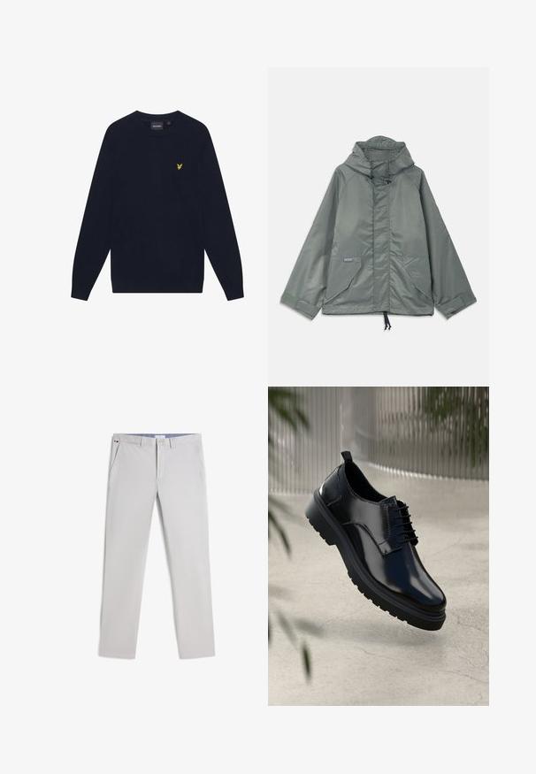 Veste vert clair avec capuche, dotée d'une texture lisse, de deux poches avant, d'un ourlet à cordon de serrage et de poignets à Velcro. Fabriquée en matériau léger.; Pull à col rond à manches longues de couleur bleu marine avec un petit logo d'aigle brodé en jaune sur la poitrine gauche.; Pantalon homme gris clair slim fit avec poches latérales, fermeture à boutons, passants pour ceinture et petit détail de drapeau rouge, blanc et noir sur la ceinture.; Chaussure en cuir noir avec une finition brillante, bout rond, design à lacets, surpiqûres contrastantes, et semelle épaisse en caoutchouc avec motifs de relief.