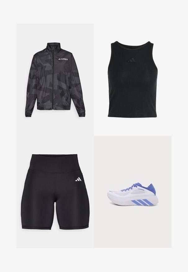 Zwarte lichtgewicht jas met een hoge kraag, ritssluiting en geometrisch patroon. Kenmerkt zich door het "TERREX"-logo in het wit op de bovenste linkerkant.; Zwart geribbeld mouwloos crop top met een hoge ronde hals en een klein zwart Adidas-logo in het midden van de borst.; Zwarte sportshorts van rekbaar materiaal, met een hoge tailleband, een gladde textuur en een wit logo met drie strepen aan de zijkant.; Witte en blauwe sportschoen met dikke zool, meshpanelen en drie blauwe strepen aan de zijkant, zijaanzicht op een effen achtergrond.