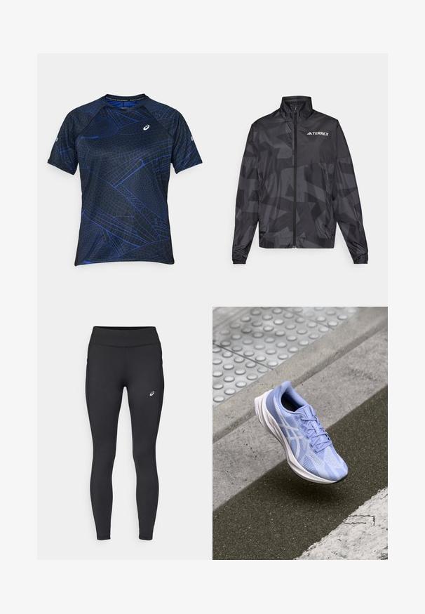 Zwarte lichtgewicht jas met een hoge kraag, ritssluiting en geometrisch patroon. Kenmerkt zich door het "TERREX"-logo in het wit op de bovenste linkerkant.; Korte mouw sportshirt in zwart met een blauw geometrisch patroon. Gemaakt van ademend materiaal, met een ronde hals en platte naden.; ASICS CORE WINTER - Winterlegging - performance black; Lichtblauwe hardloopschoen met een bovenwerk van mesh, textuurpatronen en witte accenten. Beschikt over een gevoerde zool en veters voor een veilige pasvorm.