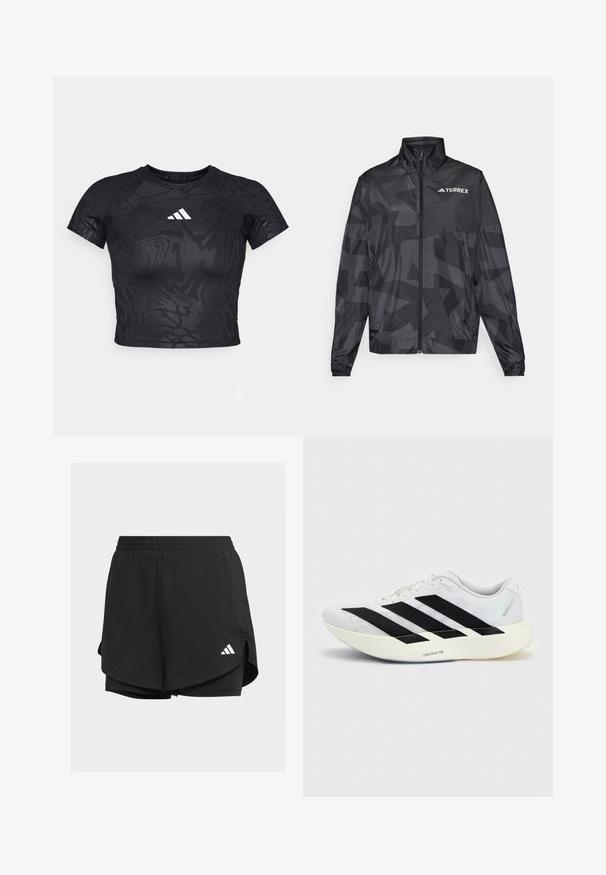 Sort letvægtsjakke med høj krave, lynlås åbning og geometrisk mønster. Har "TERREX" logoet i hvidt på øverste venstre side.; Sort cropped atletisk t-shirt med et struktureret mønster, korte ærmer og et hvidt logo på brystet. Materialet ser glat og fleksibelt ud.; Sorte atletiske shorts med elastisk talje, lagdelt design, indvendige tætsiddende shorts og et hvidt logo på nederste venstre side.; Hvid løbesko med sort tre-stribet design på siden og tyk hvid sål mærket "Lightstrike Pro" på ensfarvet baggrund.