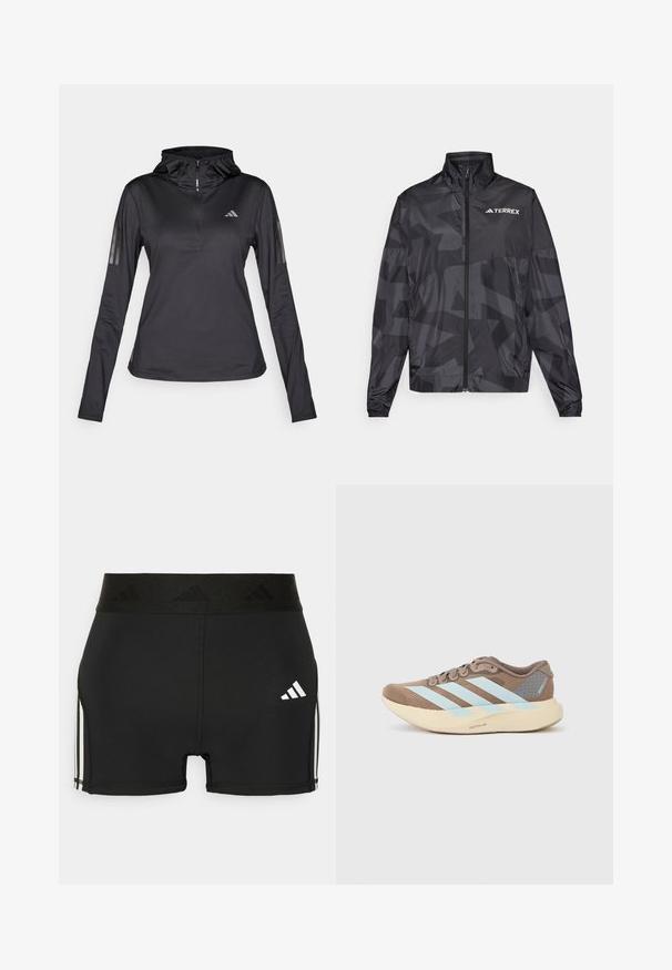 Sort letvægtsjakke med høj krave, lynlås åbning og geometrisk mønster. Har "TERREX" logoet i hvidt på øverste venstre side.; Sort langærmet sports hoodie med kvart lynlås, struktureret stof, justerbar hætte og reflekterende striber på ærmerne. Har logo på brystet.; Sorte atletiske shorts lavet af strækbart materiale. Har en bred sort talje med præget logo og hvide sidestriber.; Brun sportssko med lyseblå striber, overdelen i mesh, rundet tå og en cremefarvet let sål med grå accentdetaljer.