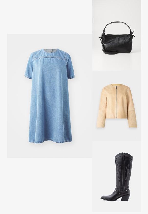 Veste en cuir beige avec un col rond et une fermeture éclair argentée. Texture lisse, manches longues et design court.; Robe en denim bleu clair, à manches courtes, décolleté rond, avec une silhouette A-line ample, ornée d'un détail couture sur la poitrine.; Bottes de cow-boy en cuir noir avec bout pointu, coutures apparentes, ornements à clous argentés et fermeture éclair sur le côté intérieur.; Sac à main en cuir noir au design structuré, avec une poignée arrondie et une bandoulière amovible. Présente une texture lisse et un éclat subtil.