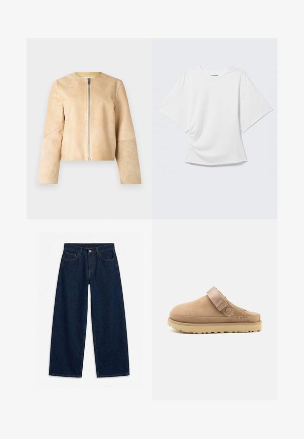 Chaqueta de cuero beige con cuello redondo y cremallera plateada. Textura suave, mangas largas y diseño corto.; Camiseta blanca oversized de manga corta con cuello redondo mostrada sobre un fondo gris claro.; Vaqueros denim azul oscuro de pierna ancha con botón delantero y cremallera, trabillas para cinturón y diseño de cinco bolsillos, colocados planos sobre un fondo blanco.; Zueco de ante en beige con parte superior texturizada, correa ajustable y una suela de goma robusta con un patrón de tacos para un mejor agarre.