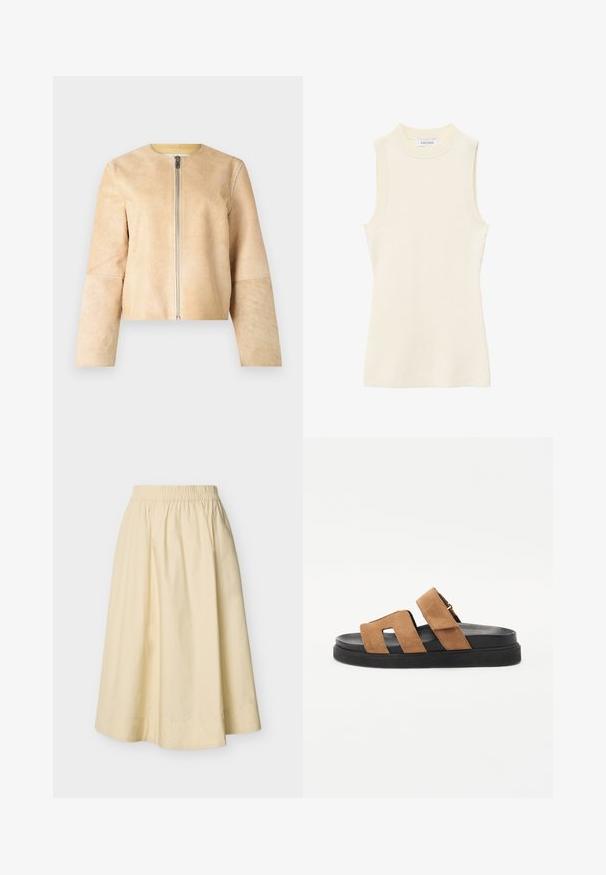 Veste en cuir beige avec un col rond et une fermeture éclair argentée. Texture lisse, manches longues et design court.; Top sans manches en maille côtelée crème avec col rond montant et silhouette ajustée.; Jupe midi de couleur crème avec ceinture élastique et silhouette évasée en A, présentée sur un fond uni.; Sandales à glissière en suède marron avec deux larges bretelles, une semelle en caoutchouc noir et un design lisse et plat. Caractéristiques minimalistes et orteils ouverts.