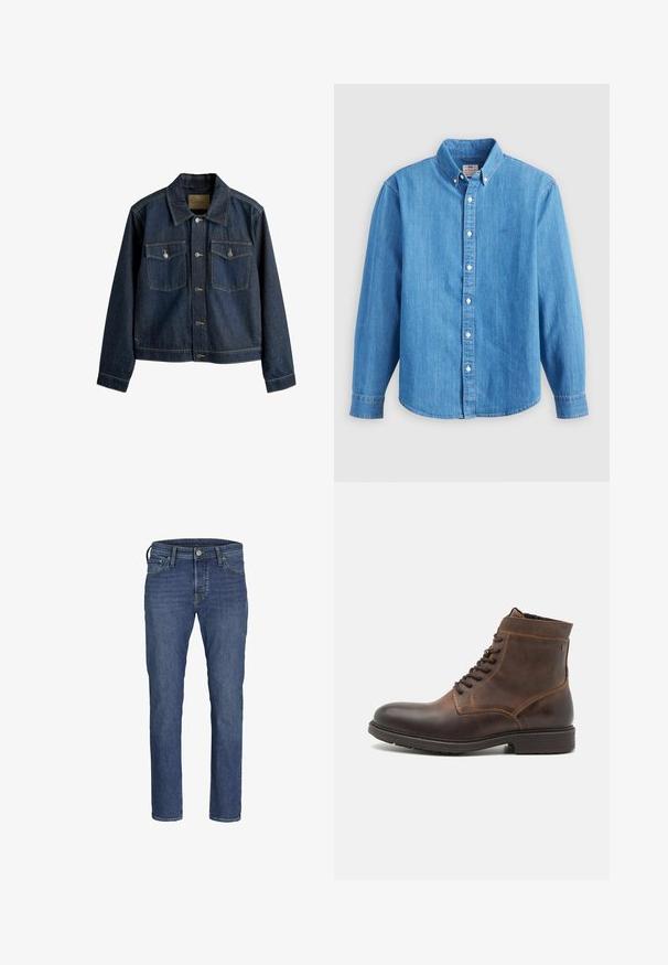 Dunkelblaue Jeansjacke mit kragenförmigem Ausschnitt, Vorderknopfverschluss, zwei Brusttaschen und kontrastierenden Steppnähten.; Hellblaues Jeanshemd mit langen Ärmeln, button-down Kragen und weißen Knöpfen. Verfügt über ein kleines besticktes Logo auf der Brust.; Herren Jeans aus blauem Denim mit geradem Bein, fünf Taschen und klassischem Knopf- und Reißverschluss.; Jack & Jones JFWDELANEY BOOT - Schnürstiefelette - cognac