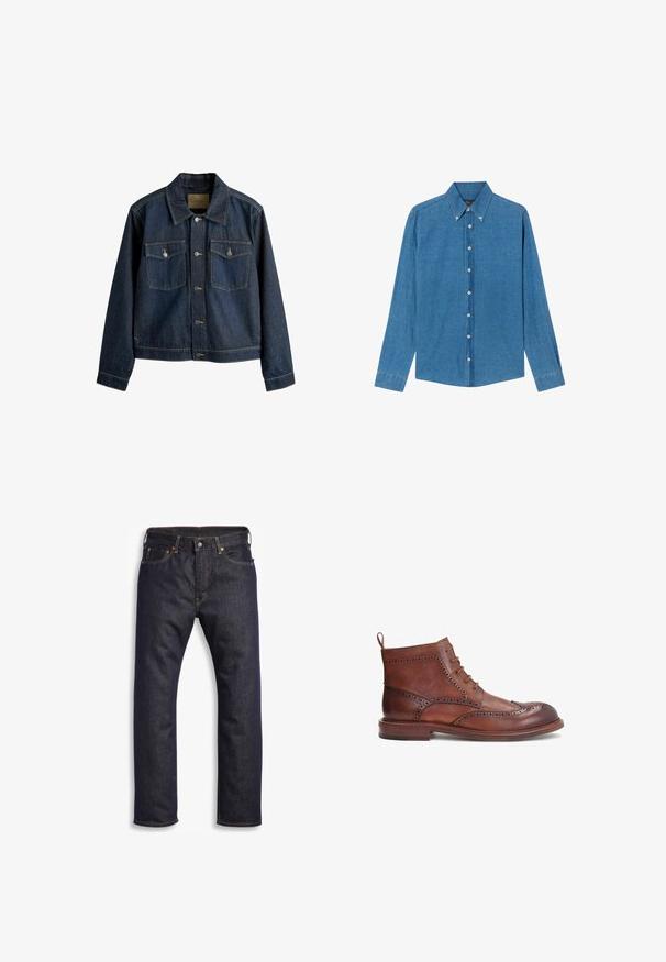 Dunkelblaue Jeansjacke mit kragenförmigem Ausschnitt, Vorderknopfverschluss, zwei Brusttaschen und kontrastierenden Steppnähten.; Blaue Denim-Hemd mit Button-down-Kragen, langen Ärmeln und Knöpfen vorne. Der Stoff hat eine strukturierte Oberfläche und einen klassischen Schnitt.; Dunkelblaue Jeans aus Denim mit geradem Schnitt, Fünf-Taschen-Design, metallischen Komponenten und kontrastierenden orangen Nähten. Glatte Textur, keine sichtbaren Muster.; Braune Lederstiefel mit dekorativen Broguedetails, runder Zehenform, Schnürdesign und niedrigem, gestapeltem Absatz. Enthält eine Zuglasche hinten.