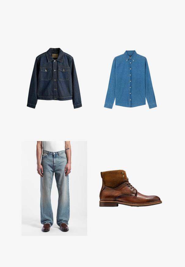 Donkerblauwe spijkerjas met een kraag, knoopsluiting aan de voorkant, twee borstzakken en contrasterende stikdetails.; Blauwe denim shirt met een button-down kraag, lange mouwen en knopen aan de voorkant. De stof heeft een gestructureerde afwerking met een klassieke snit.; Lichtblauwe, high-waisted jeans van denim, met een rechte pijp en vervaagde textuur. Draagt met bruine schoenen en een witte tanktop.; Kazar ALID - Veterboots - brown