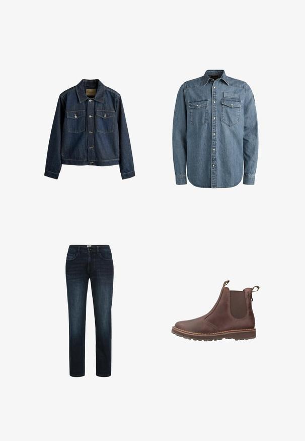Mørkeblå denimjakke med krave, lukkes med knapper foran, to brystlommer og kontrastfarvede syninger.; Lyseblå denimskjorte med lange ærmer, knaplukning foran, to brystlommer og et prægede mærke. Har et klassisk western-stil design.; Mørk vaskede denimjeans med lige ben, der har fem lommer, knaplukning og subtil fading langs lårene.; Brune læder ankelstøvle med elastiske sidepaneler, træksløjfer, kontraststikning og robust gummisål til godt vejgreb.