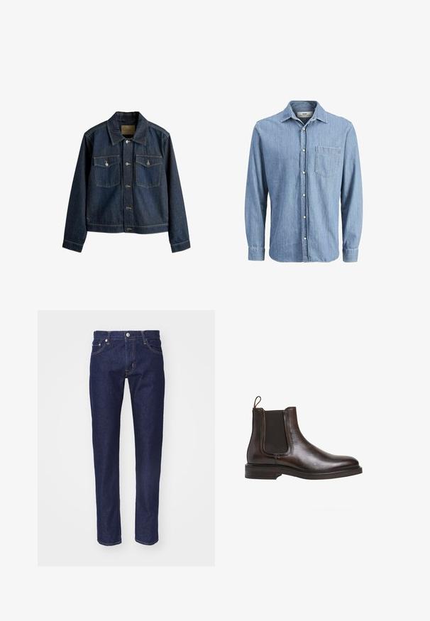 Mørkeblå denimjakke med krave, lukkes med knapper foran, to brystlommer og kontrastfarvede syninger.; Lysblå denimskjorte med knap-ned krave, lange ærmer, enkelt brystlomme og broderet logo på lommen.; Mørkeblå denim jeans med lige pasform, fem-lomme design, kontrasterende orange syninger og en sølvknaplukning i taljen.; Brune læder Chelsea støvle med elastiske sidepaneler, løkke til at trække op med, og en lav stablet hæl. Glat tekstur og slank silhuet.