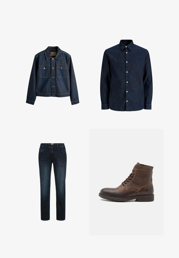 Dunkelblaue Jeansjacke mit kragenförmigem Ausschnitt, Vorderknopfverschluss, zwei Brusttaschen und kontrastierenden Steppnähten.; Dunkelblaues Jeanshemd mit langen Ärmeln, weißen Knöpfen und spitzem Kragen, auf weißem Hintergrund gezeigt.; Dunkelblaue Denim-Jeans mit geradem Bein, ausgestattet mit fünf Taschen, einem Knopfverschluss und dezentem Verblassen an den Oberschenkeln.; Jack & Jones JFWDELANEY BOOT - Schnürstiefelette - cognac
