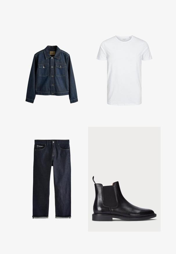 Mørkeblå denimjakke med krave, lukkes med knapper foran, to brystlommer og kontrastfarvede syninger.; Rundhals kortærmet t-shirt i ensfarvet hvid, lavet af blød bomuld, har et simpelt design uden synlige mønstre eller detaljer.; Mørkeblå denimjeans med en klassisk lige pasform, der har fem lommer, knaplukning og op rullede manchetter, som viser en lys blå foring.; Sort læder Chelsea støvle med elastiske sidelæg, tekstureret overflade, rund tå og en lav stablet hæl. Har en grebsløkke for nem påtagning.