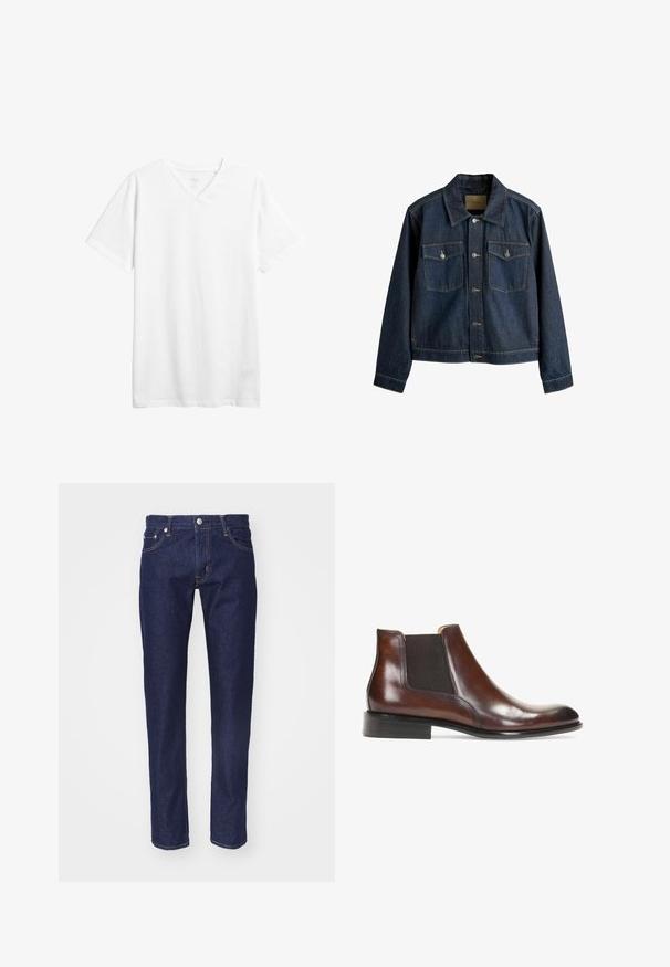 Dunkelblaue Jeansjacke mit kragenförmigem Ausschnitt, Vorderknopfverschluss, zwei Brusttaschen und kontrastierenden Steppnähten.; Weißes kurzärmliges V-Ausschnitt-T-Shirt aus Baumwolle. Verfügt über einen lässigen Schnitt und eine glatte Textur ohne sichtbare Muster oder Grafiken.; Marineblaue Denim-Jeans mit geradem Schnitt, fünf Taschen, kontrastierendem orangenem Nahtdesign und einem silbernen Knopfverschluss an der Taille.; Braune Leder-Stiefelette mit elastischen Seiteneinsätzen, glatter Oberfläche, genähten Details und einem niedrigen rechteckigen Absatz.