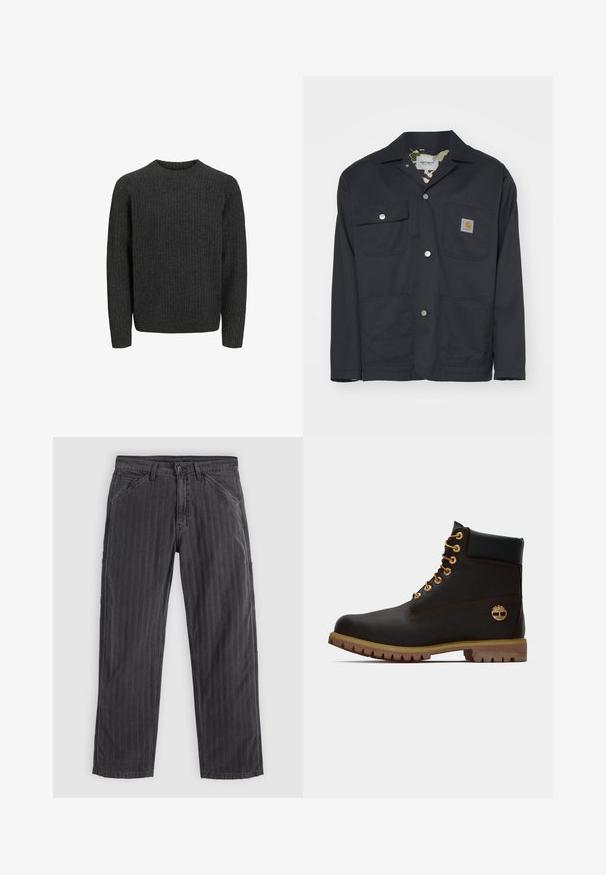 Veste de travail noire en tissu résistant. Elle possède deux poches poitrine, deux poches avant et une doublure camouflage. Boutons-pression argentés visibles.; Pull en maille côtelée gris foncé avec des manches longues et un col rond, fabriqué à partir d'un matériau en tricot texturé. Design simple et classique.; Pantalons à rayures noires en tissu mélangé coton. Présentent un design à jambe droite, des poches latérales et une fermeture à bouton.; Bottine noire en cuir avec œillets dorés, accents marron et semelle en caoutchouc. Comprend un col rembourré et un logo estampé sur le côté.