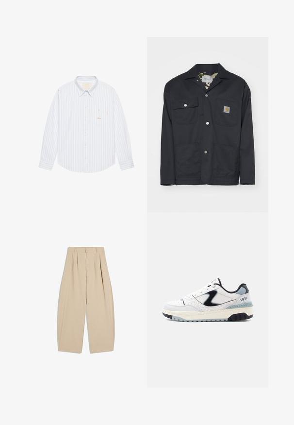 Veste de travail noire en tissu résistant. Elle possède deux poches poitrine, deux poches avant et une doublure camouflage. Boutons-pression argentés visibles.; BLKVIS SCRIPT - Chemise - skyway; Pantalon beige taille haute à jambes larges avec plis, passants pour ceinture, fermeture par bouton et zip avant dissimulé.; Basket blanc à tige basse avec accents noirs et gris, fermeture à lacets, panneaux latéraux perforés et "1992" imprimé près du talon.